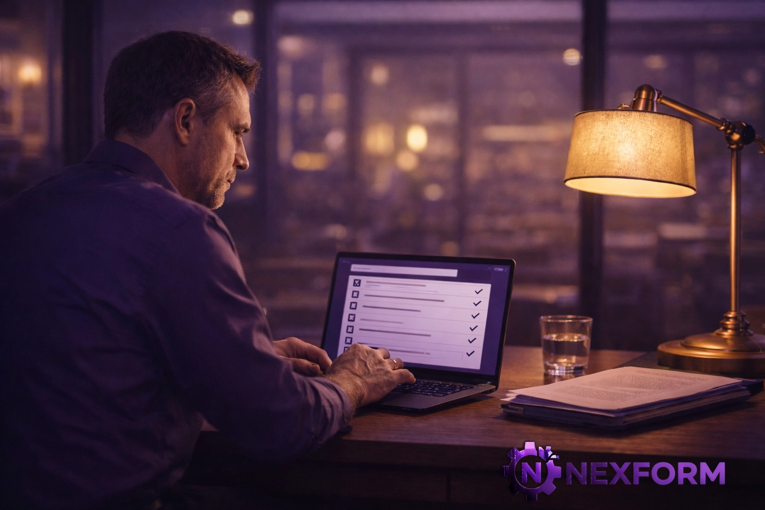 Real estate professional reviewing a sales progression checklist on a laptop in a modern estate agency office during the evening.