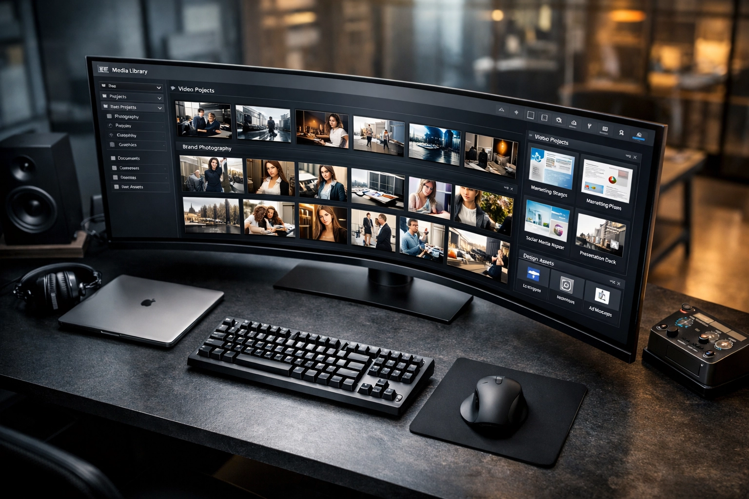 Organized digital media asset management library in a professional office for efficient multi-sector brand partnerships.