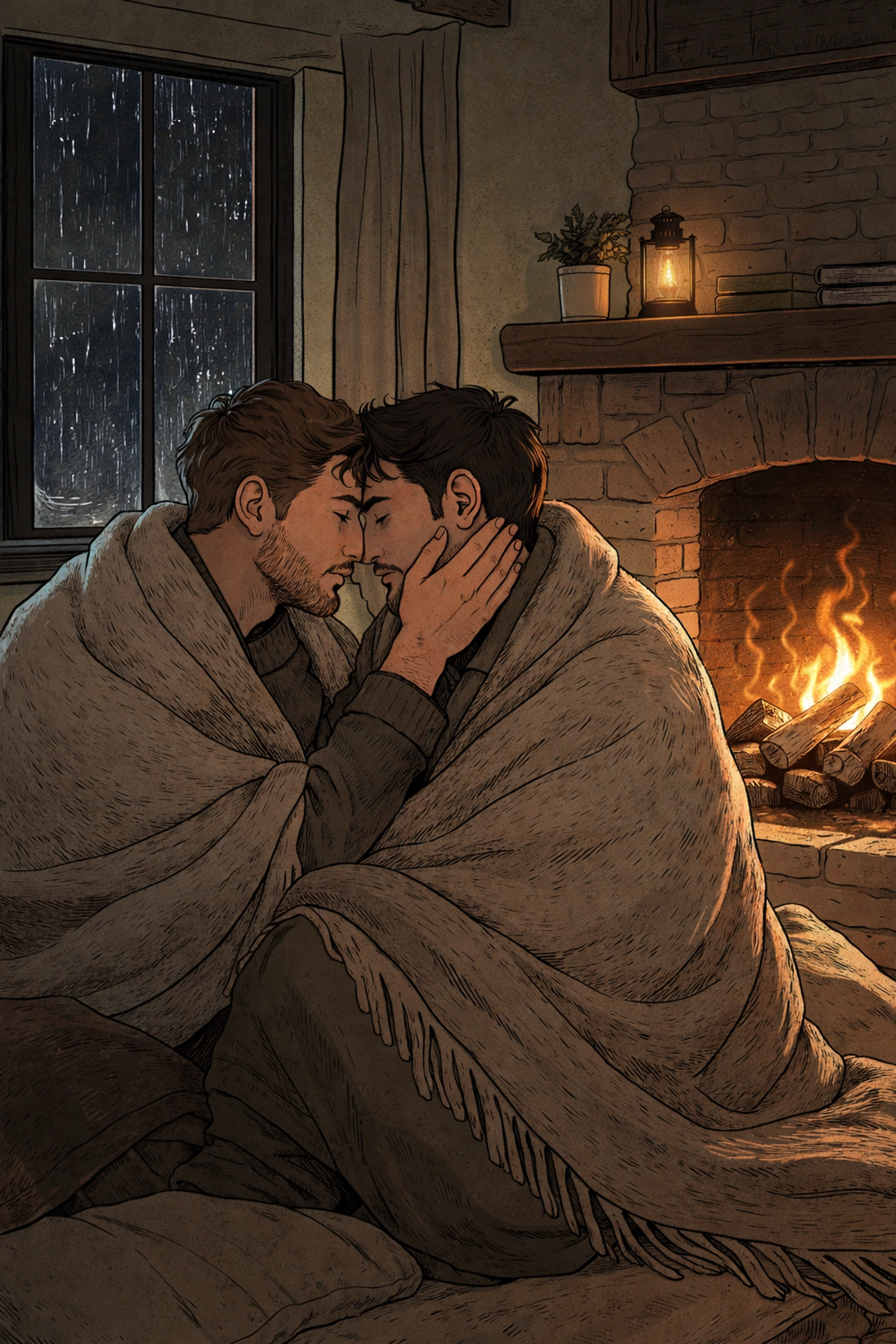 Two men share an intimate fireside embrace after surviving a storm, reflecting healing and newfound MM love.