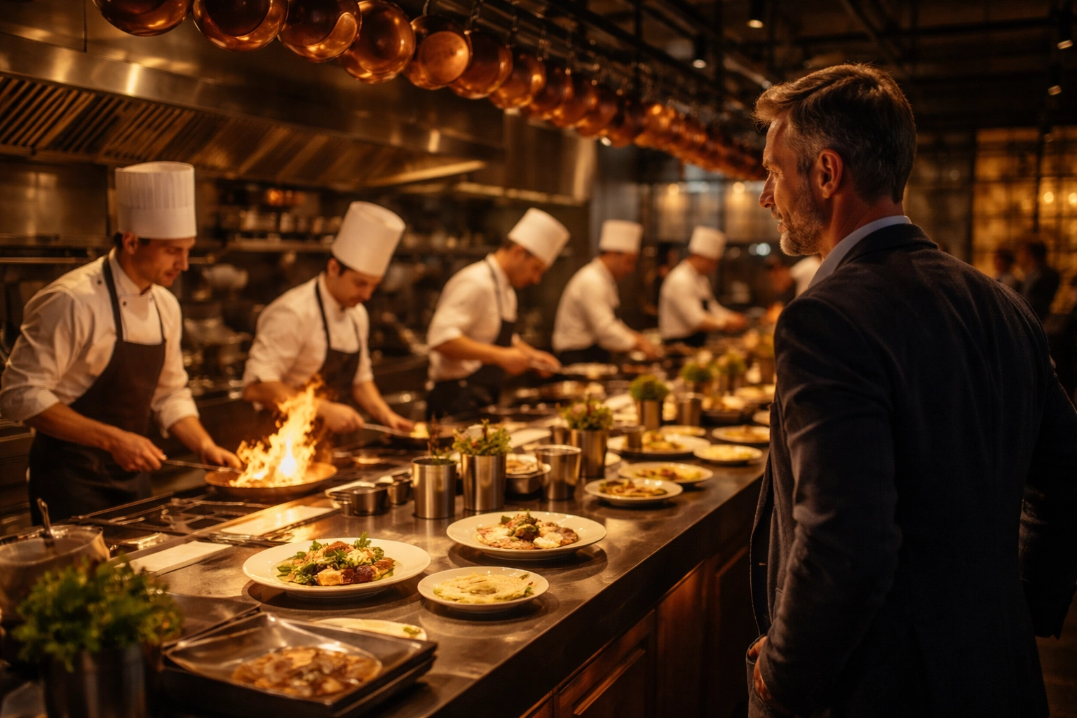 Founder overseeing a busy restaurant kitchen, showing hospitality operational expertise in action.