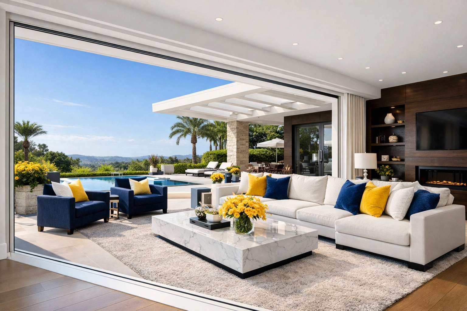 Spotless sliding glass door tracks in a luxury living room after professional deep cleaning.