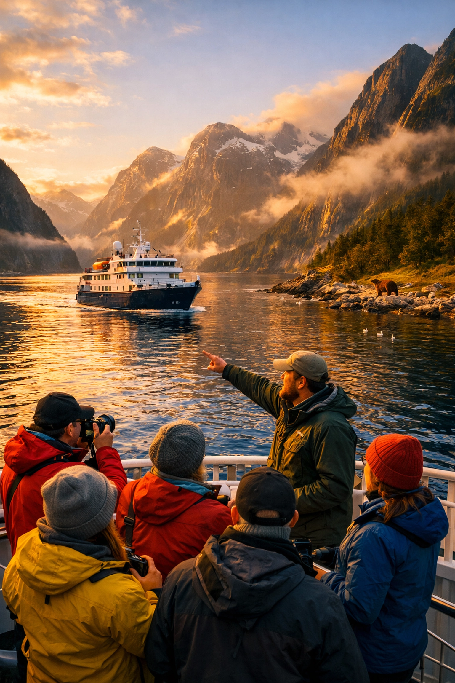 Travelers gather around a naturalist guide on an expedition river cruise ship in a scenic fjord