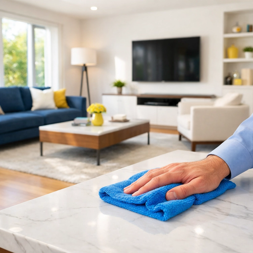 Professional cleaner wiping marble surfaces for a Post-Construction Cleaning in Framingham project.