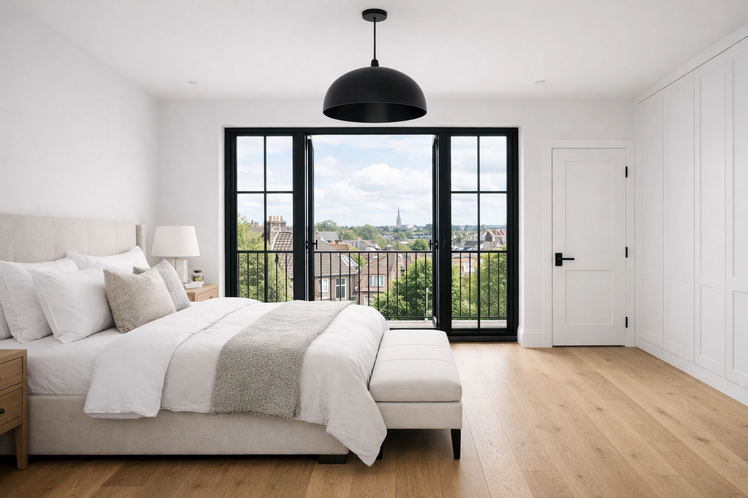 Completed luxury master bedroom loft conversion in North London with Juliette balcony and oak flooring.