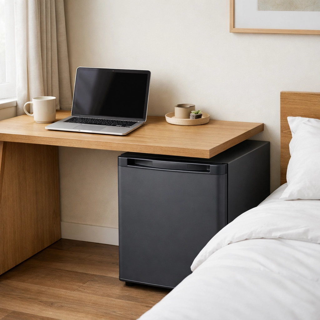 A tidy, modern private bedroom corner with a desk setup, labeled storage bins, and a mini-fridge beside the desk—optimized for rooms for rent and hybrid work. (Work-From-Home/Tech)