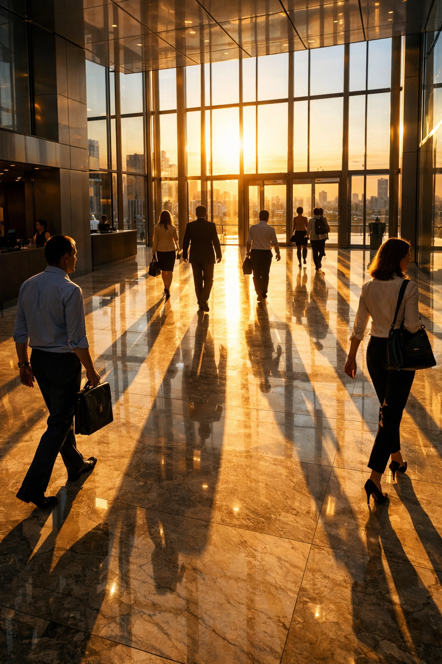 Professionals in a modern corporate lobby representing the competitive Fortune 100 recruitment landscape.