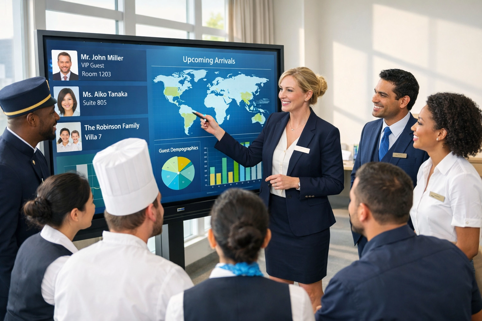 Hotel staff team reviewing geo-routing voice AI system for personalized guest service