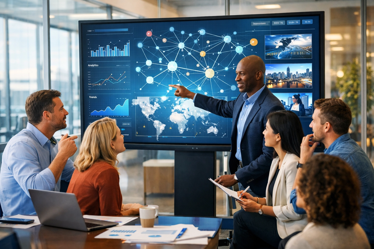 Multi-industry consulting team collaborating on media innovation strategy with digital technology