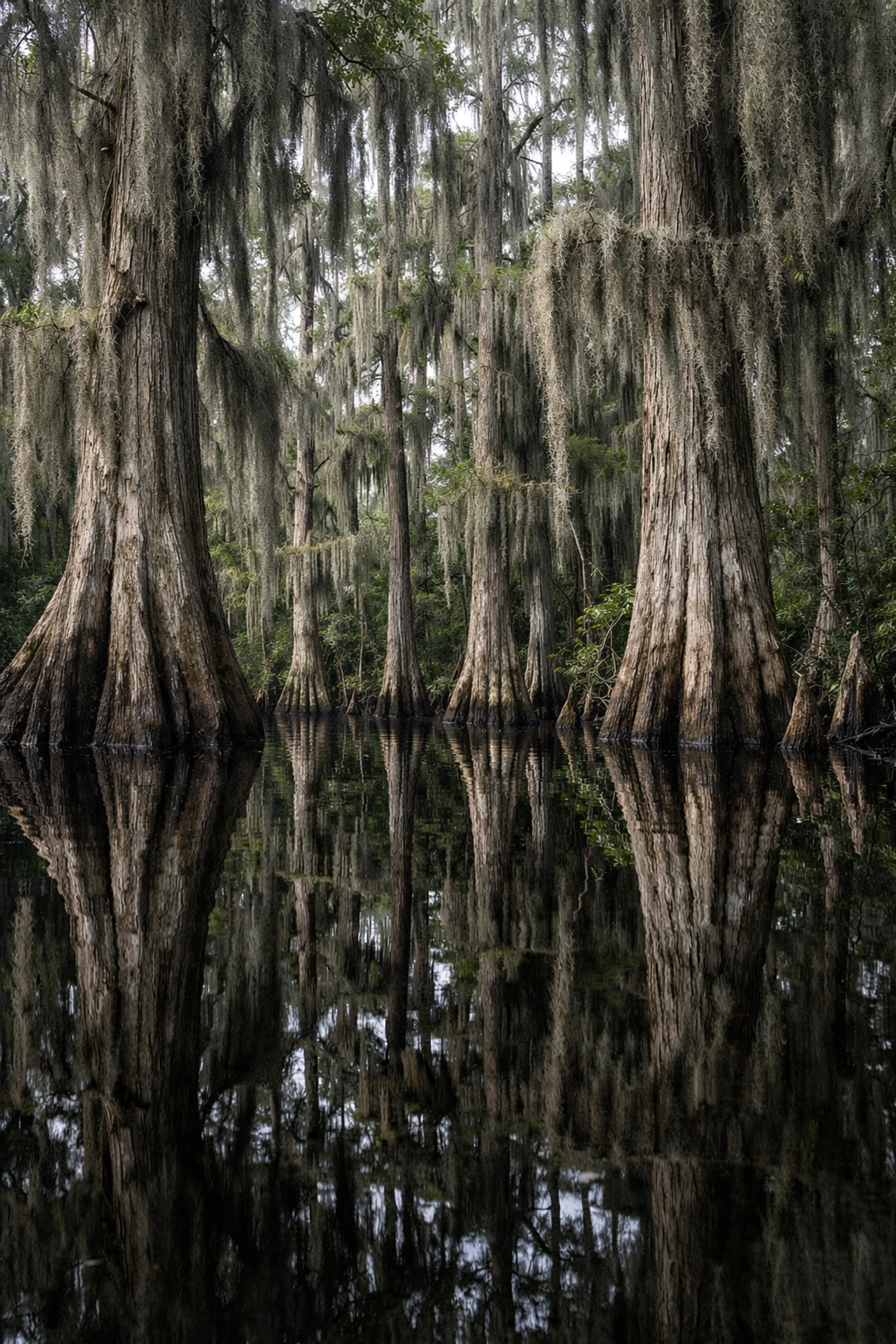 Mirror reflections of cypress trees and Spanish moss in the swamp water of Big Cypress National Preserve.