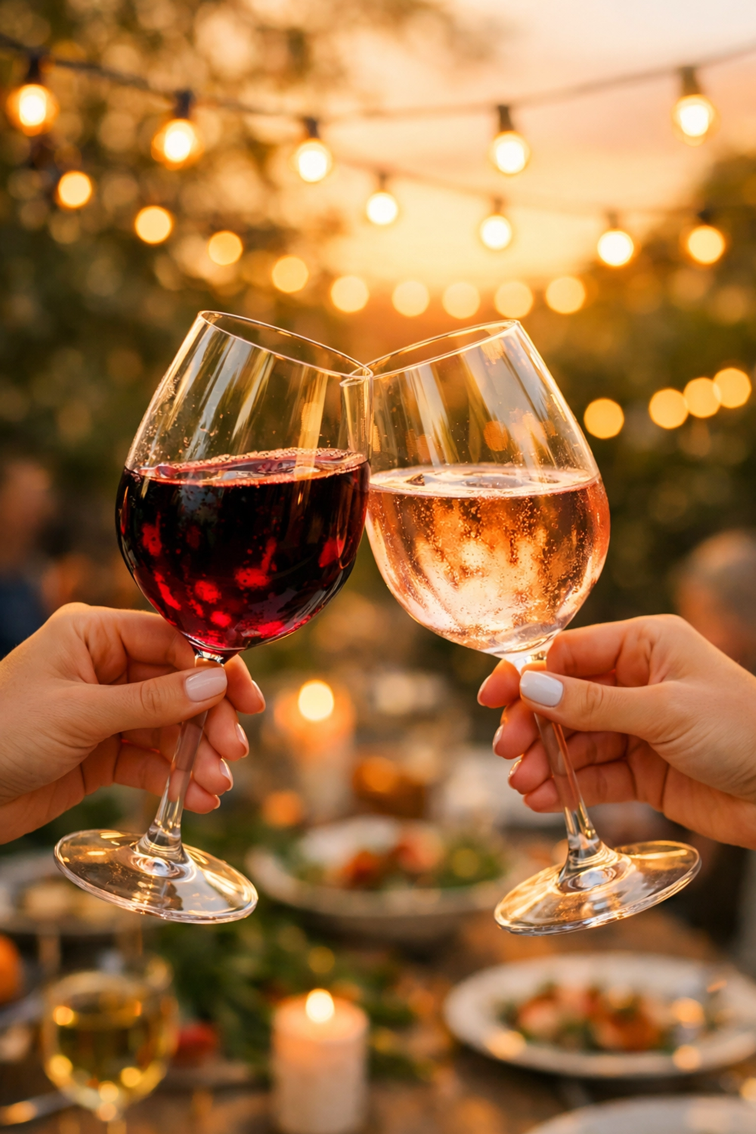 Friends toasting with non-alcoholic wine glasses at outdoor dinner party