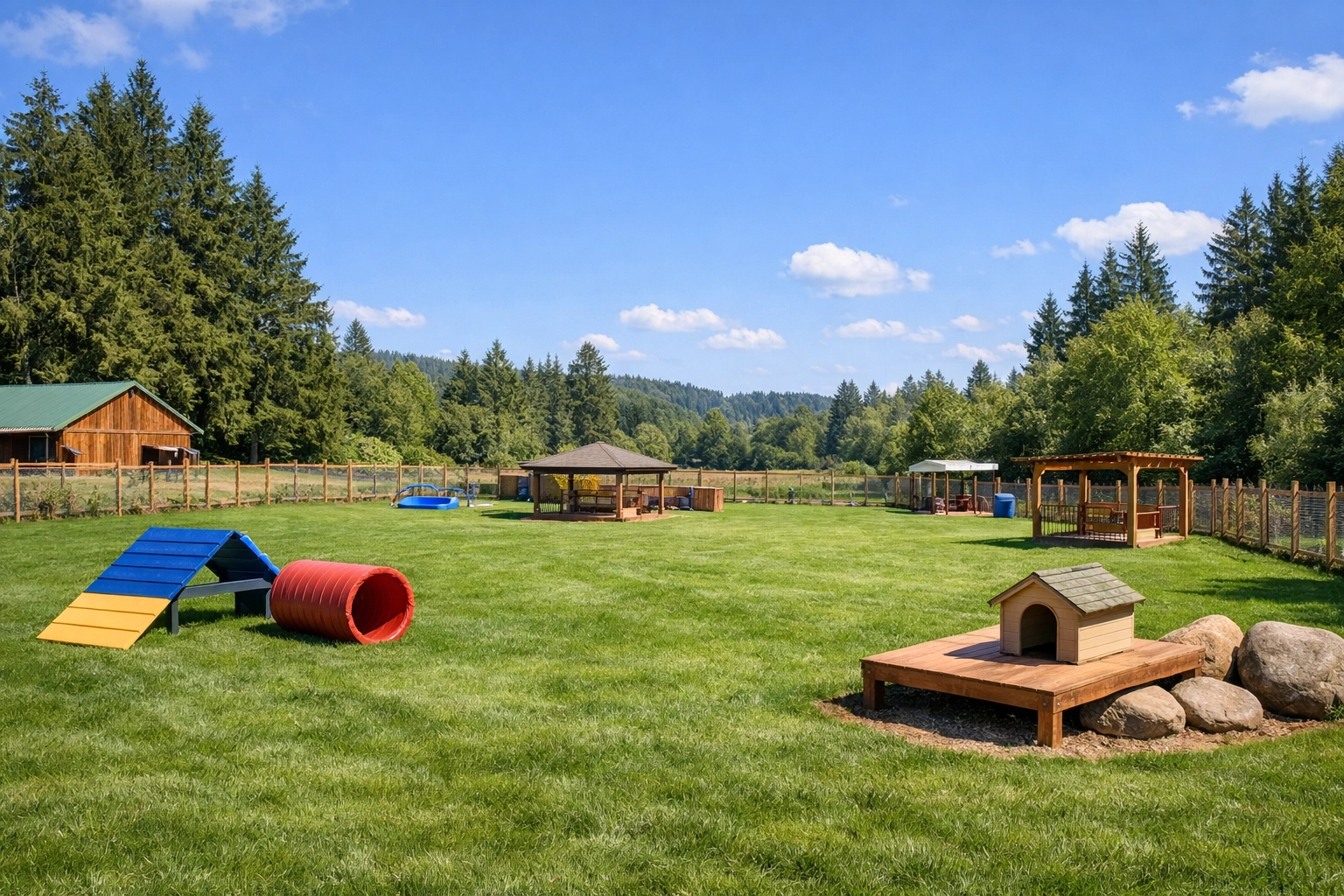 Spacious outdoor play area at dog boarding facility in Boring Oregon