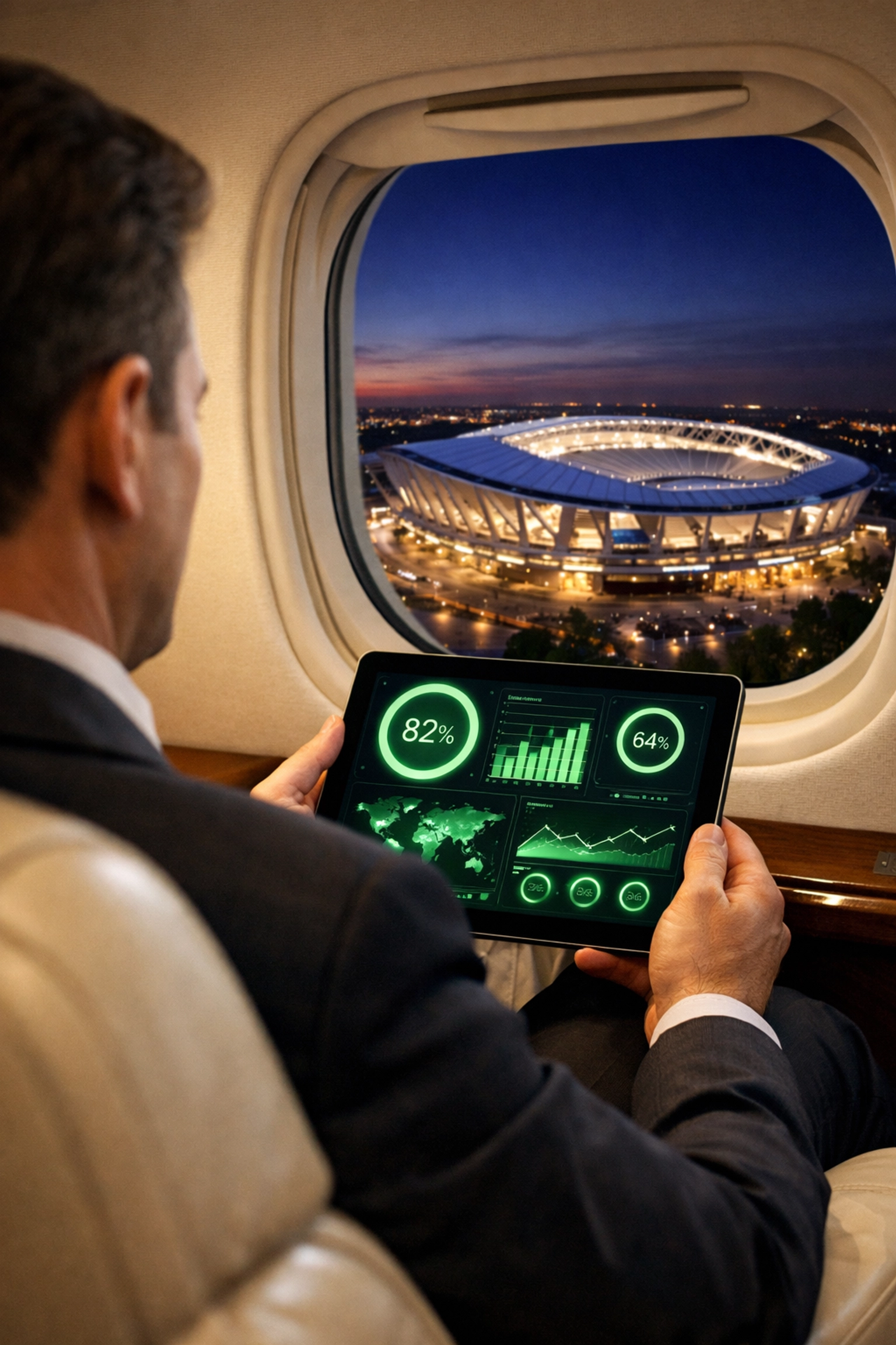 Executive reviewing data in a luxury cabin with a view of a lit Super Bowl stadium for strategic success.