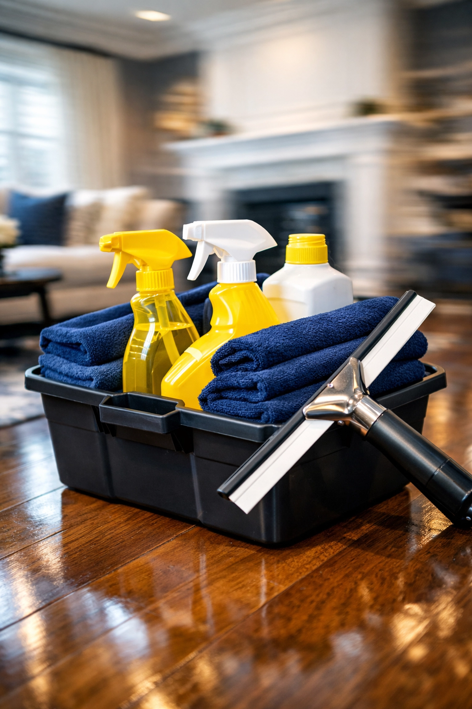 A professional cleaning caddy prepared for a residential cleaning MA Spring Cleaning Ninja Strike.
