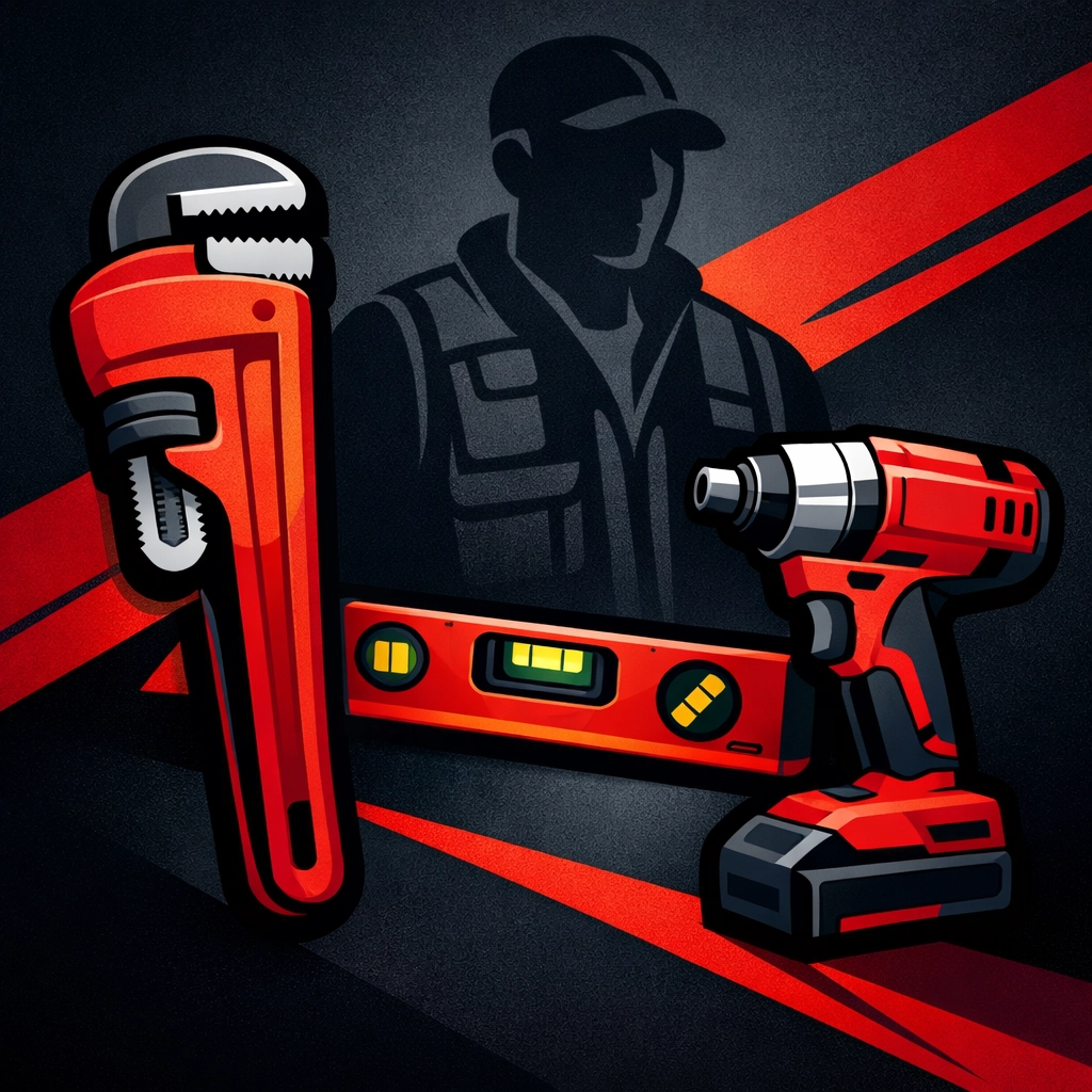 Professional trade tools and worker silhouette illustrating service authenticity and business trust.