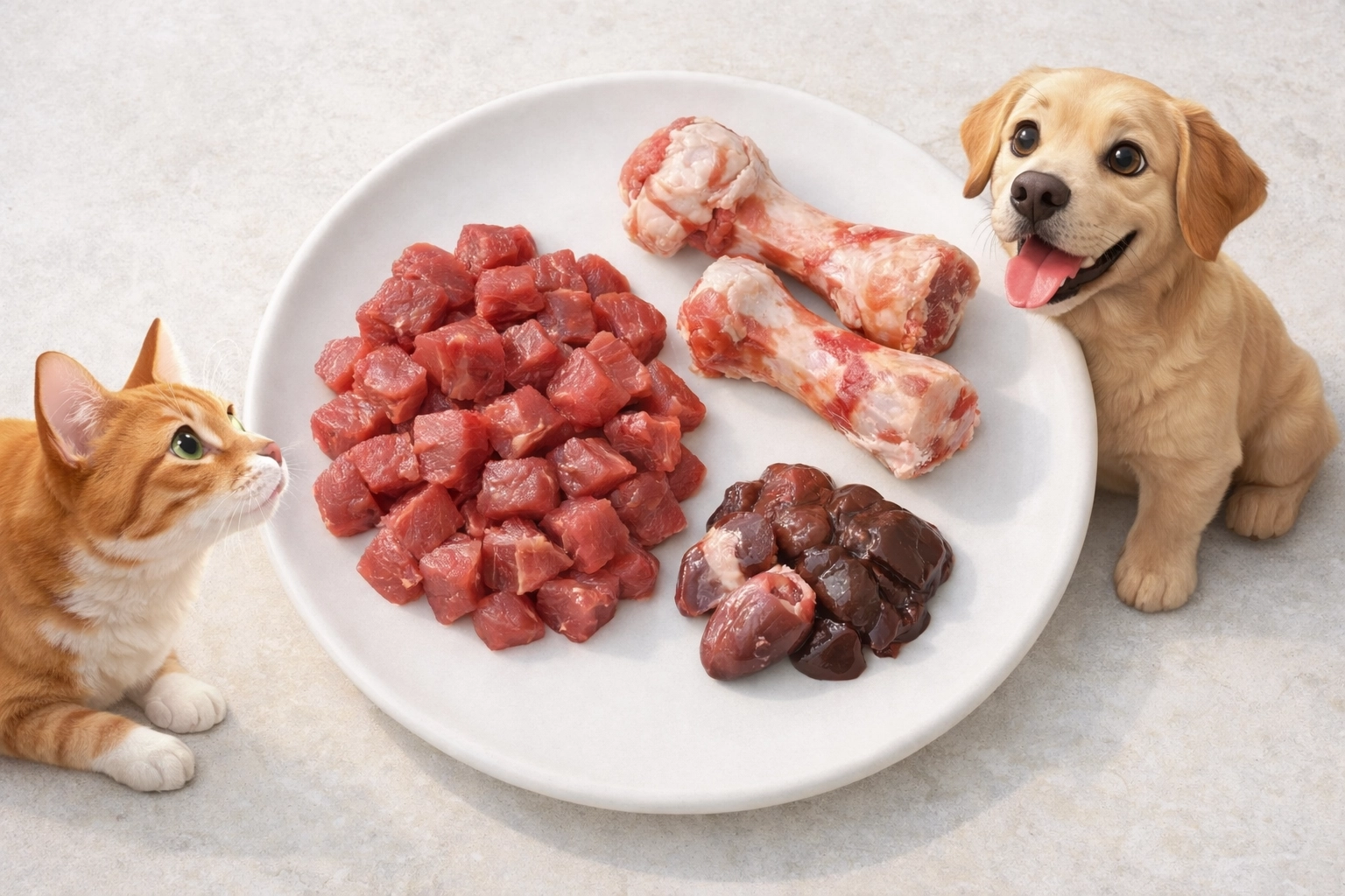 Bright, premium overhead shot of a raw meal prep plate with muscle meat, bone & offal, featuring playful Hear Me Raw cat & dog mascots