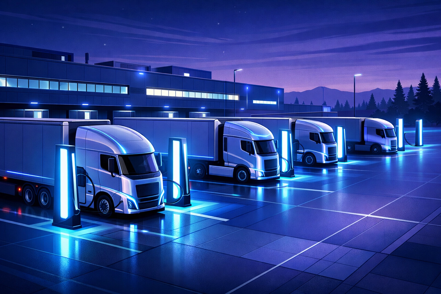 Modern industrial charging station for zero-emission HGVs in a high-tech North West logistics facility.
