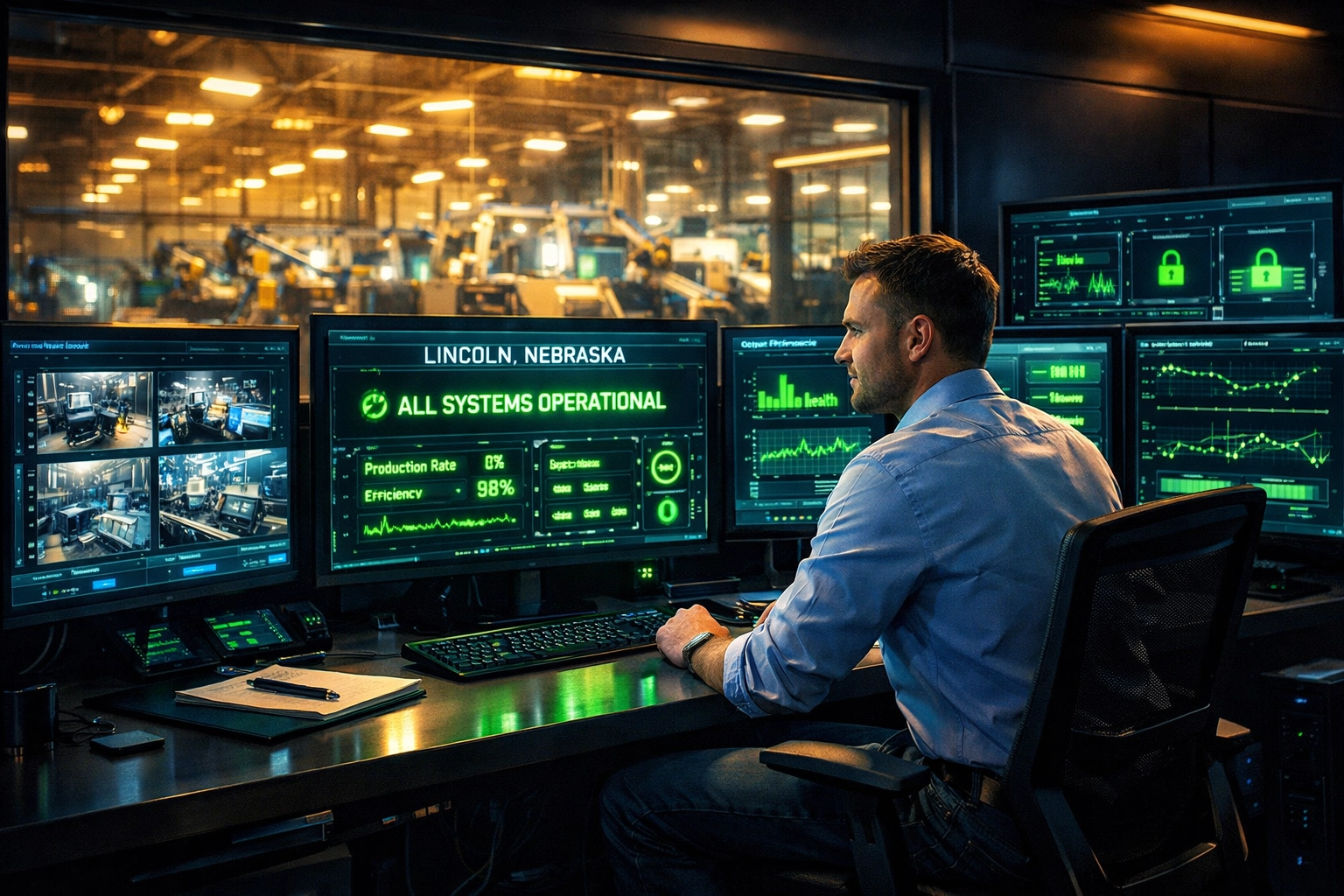 Managed IT services monitoring manufacturing production in Lincoln Nebraska control room