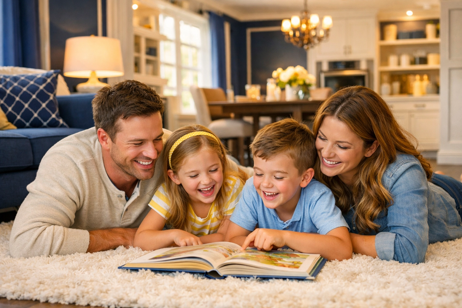 A happy family relaxes in a clean home, showing why professional cleaners in Natick MA are a game-changer.