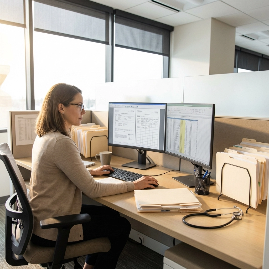 Insurance underwriter reviewing medical and health records in a modern office, illustrating life insurance underwriting process