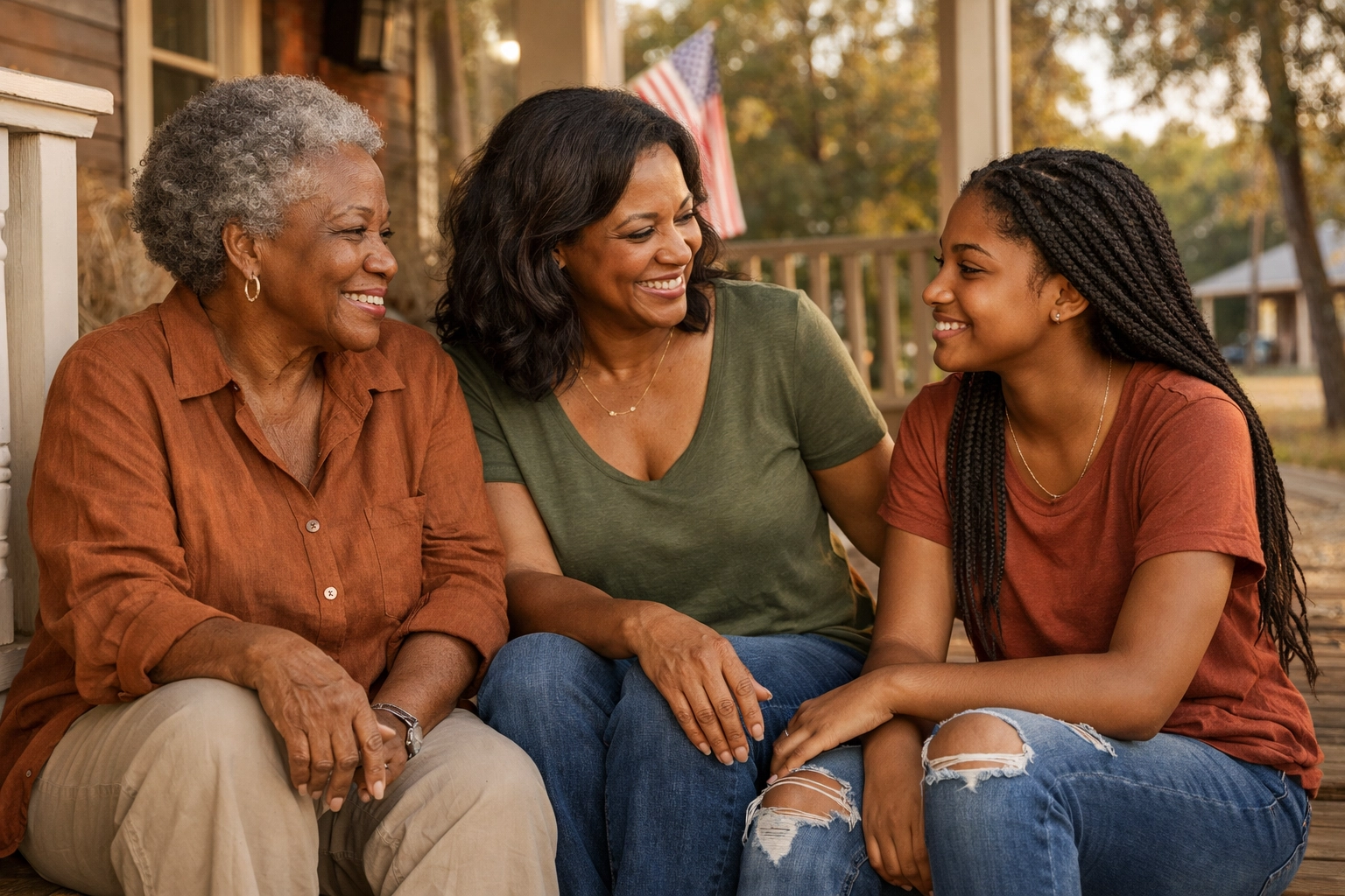 Three generations of Black family connecting on porch discussing inherited trauma and healing