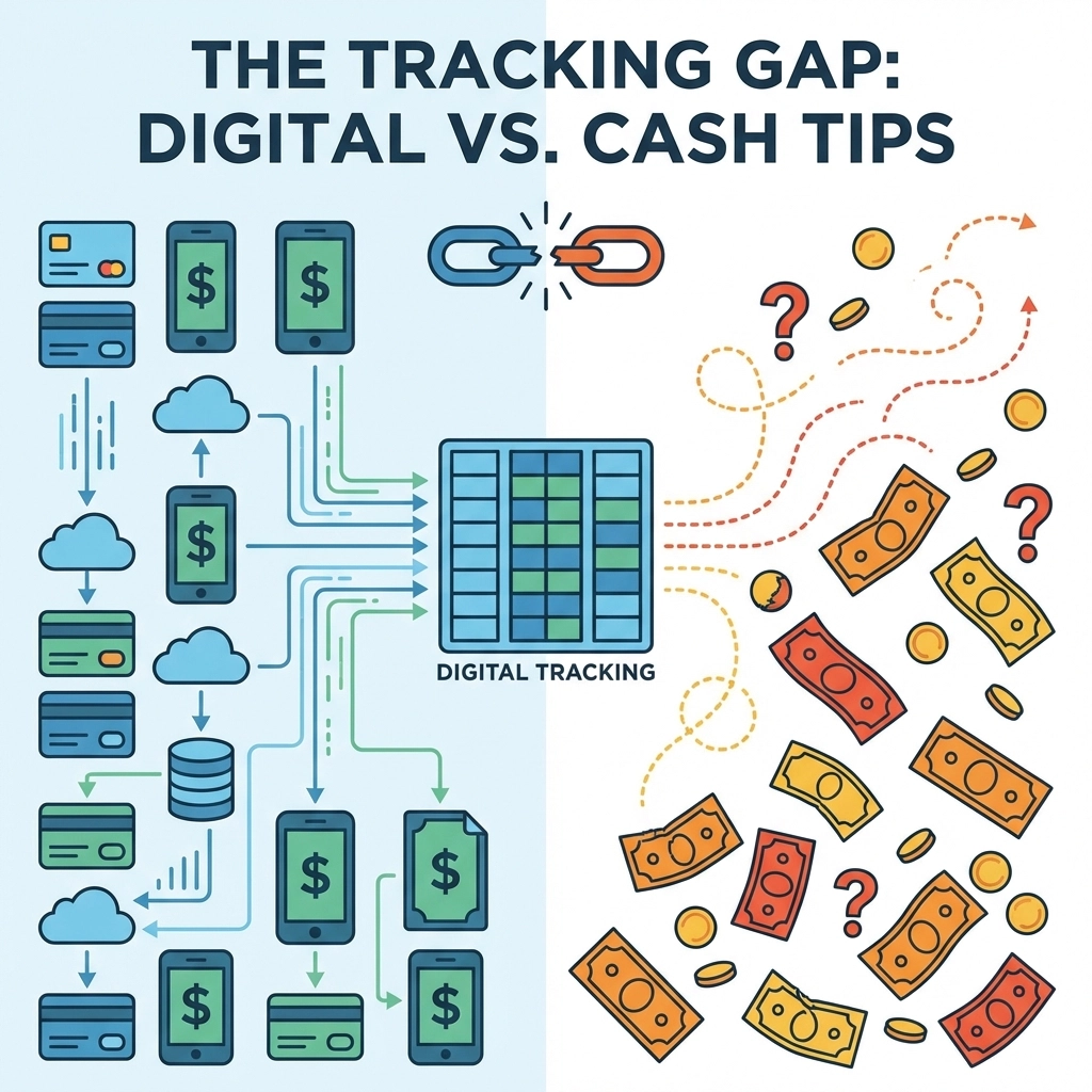 Infographic showing organized digital tip payments contrasted with chaotic, untracked cash tips in restaurants