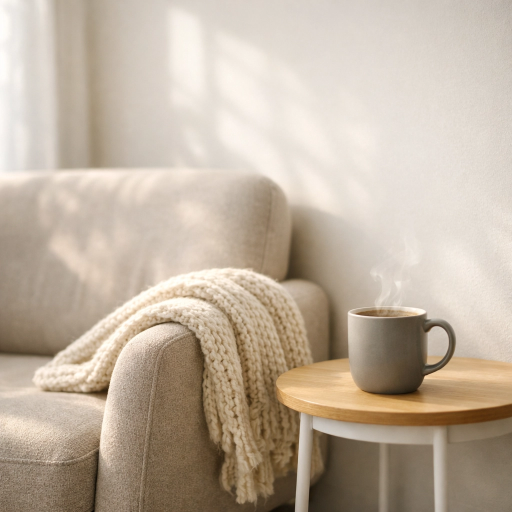 Cozy armchair with blanket creating a safe calm space for veteran conversations