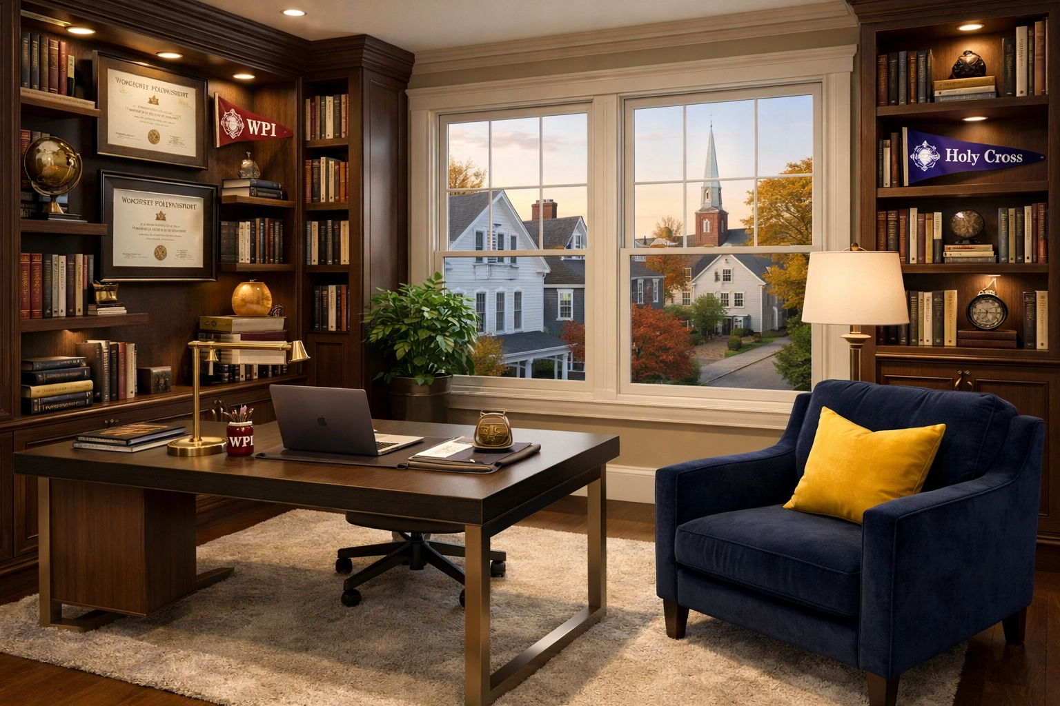 Spotless home office for faculty highlighting professional maid services Worcester in a quiet neighborhood.