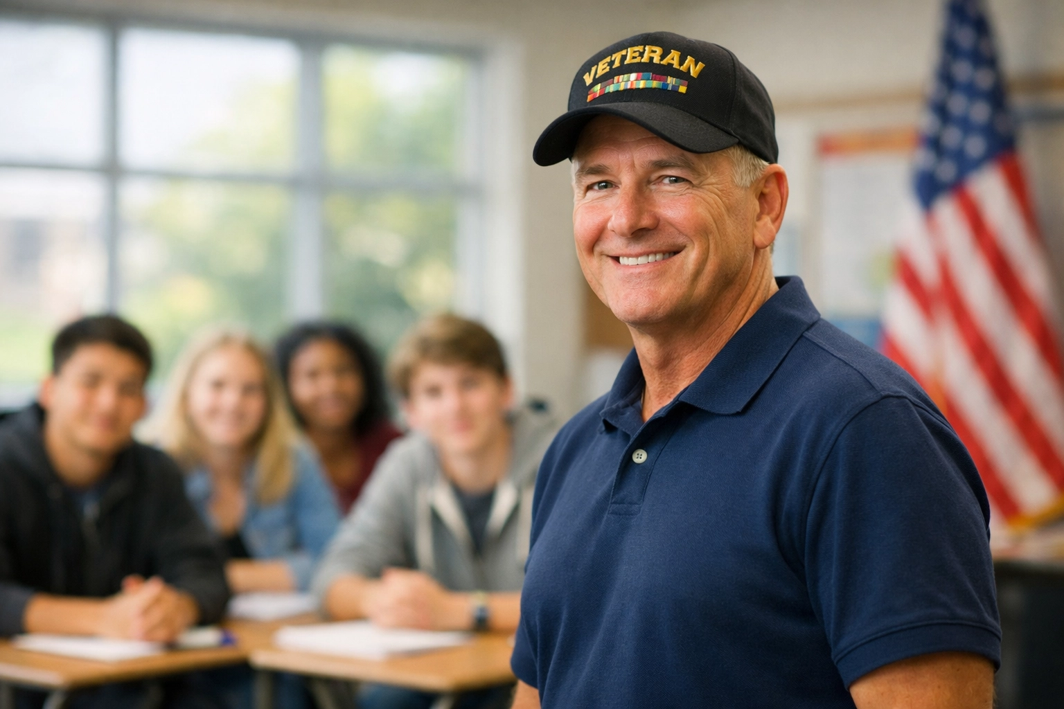 Military veteran sharing his service story with high school students during a classroom civic education lesson.