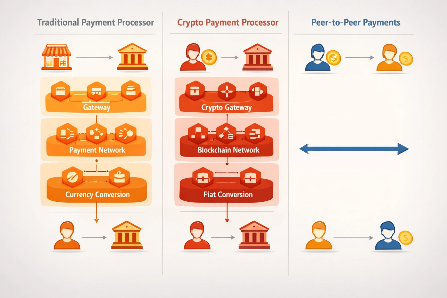 Payment processor comparison showing Larecoin peer-to-peer vs intermediary crypto platforms