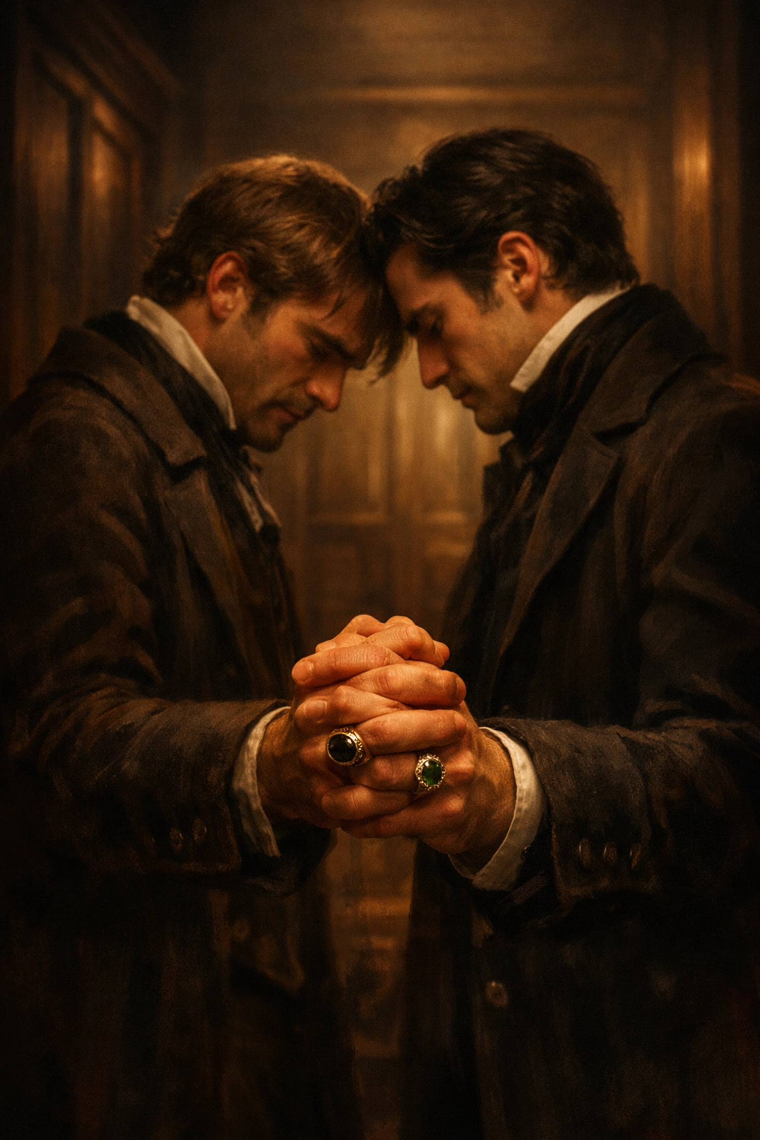 Two Victorian men holding hands during a trial, reflecting the emotional stakes of historical MM romance novels.