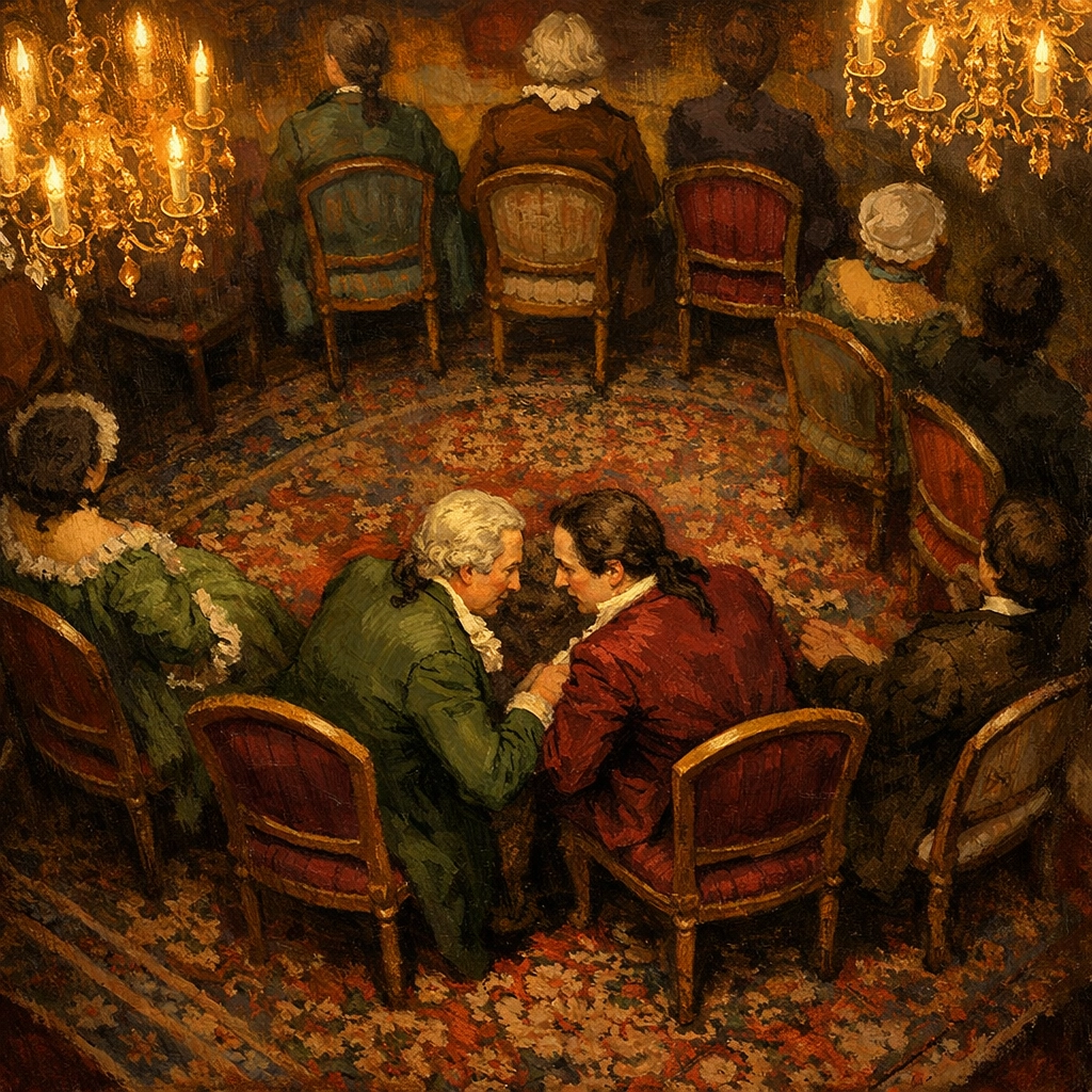 Secret connection between two men in 18th century Geneva literary salon gathering - queer history