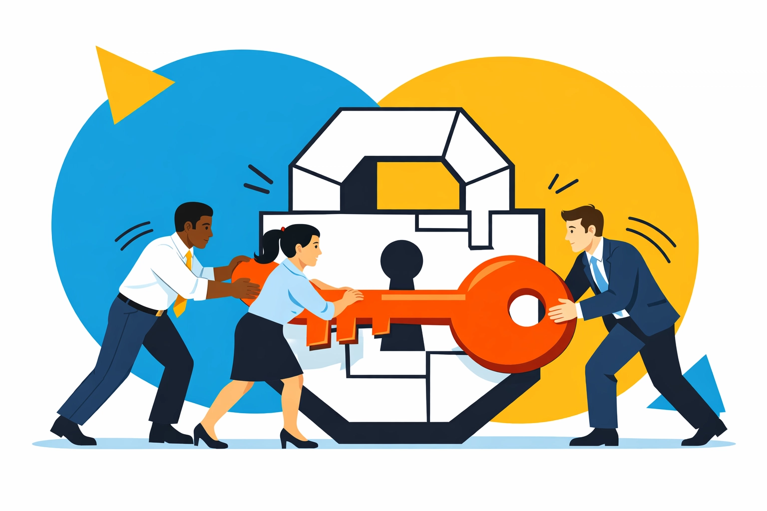 Diverse professionals aligning a key to a lock representing custom training solutions for specific business goals.