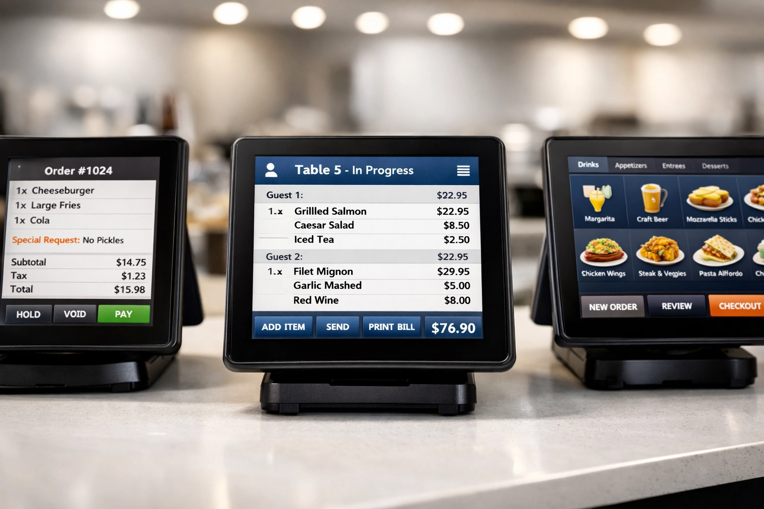 Three restaurant POS system terminals displaying different order interfaces side by side