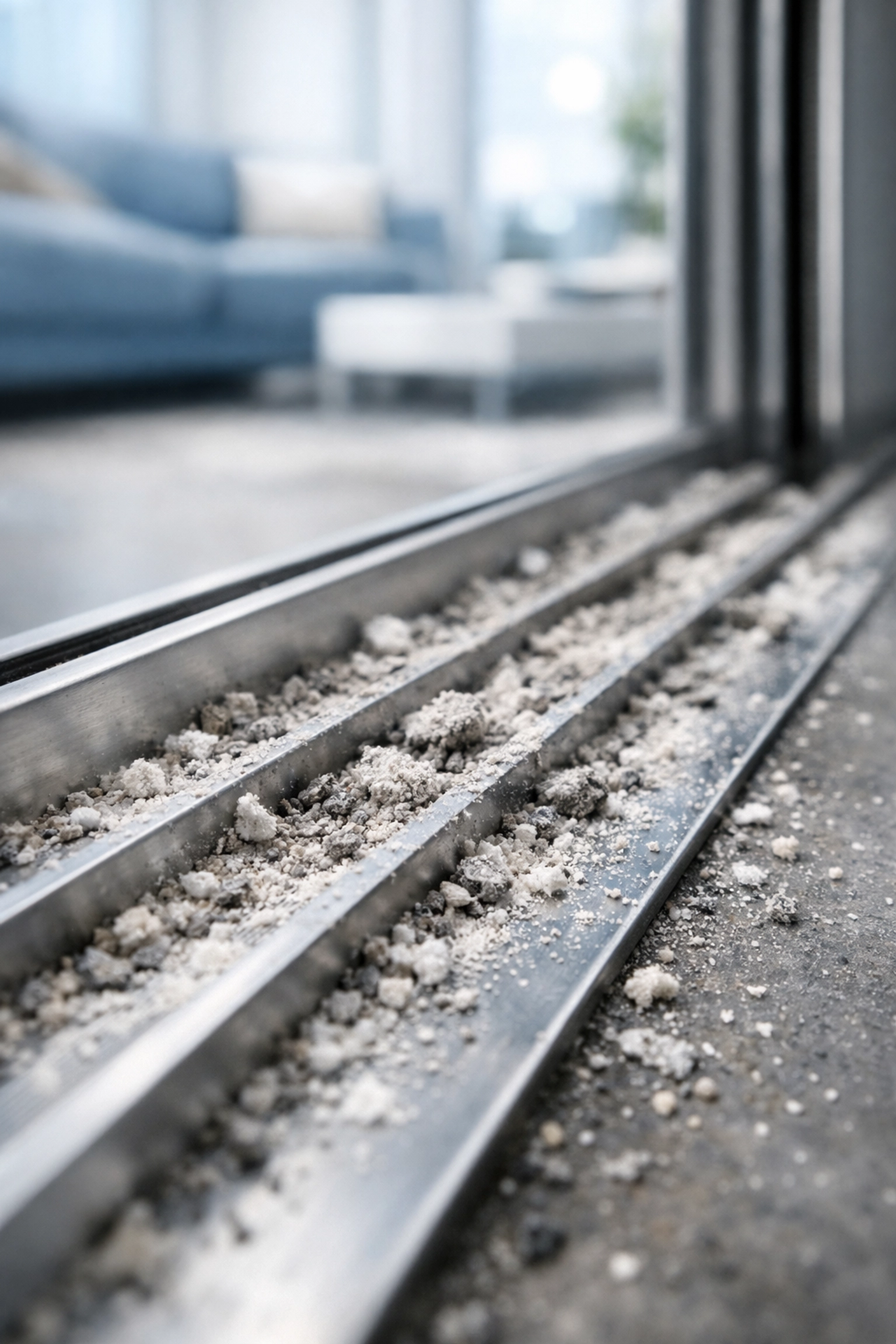 Grimy sliding door track filled with white drywall dust and construction debris after home renovation.