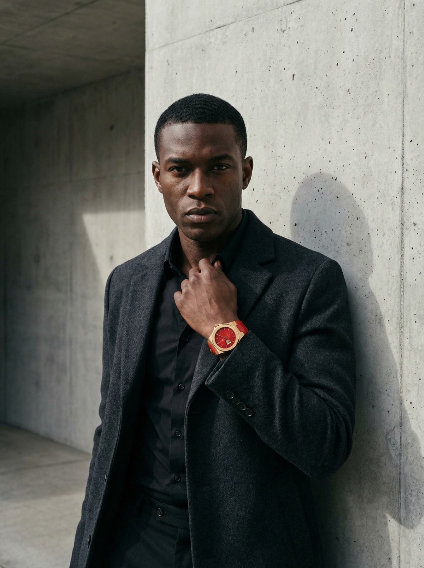 Deep red sunburst dial under sapphire crystal with gold indices—clarity that endures.