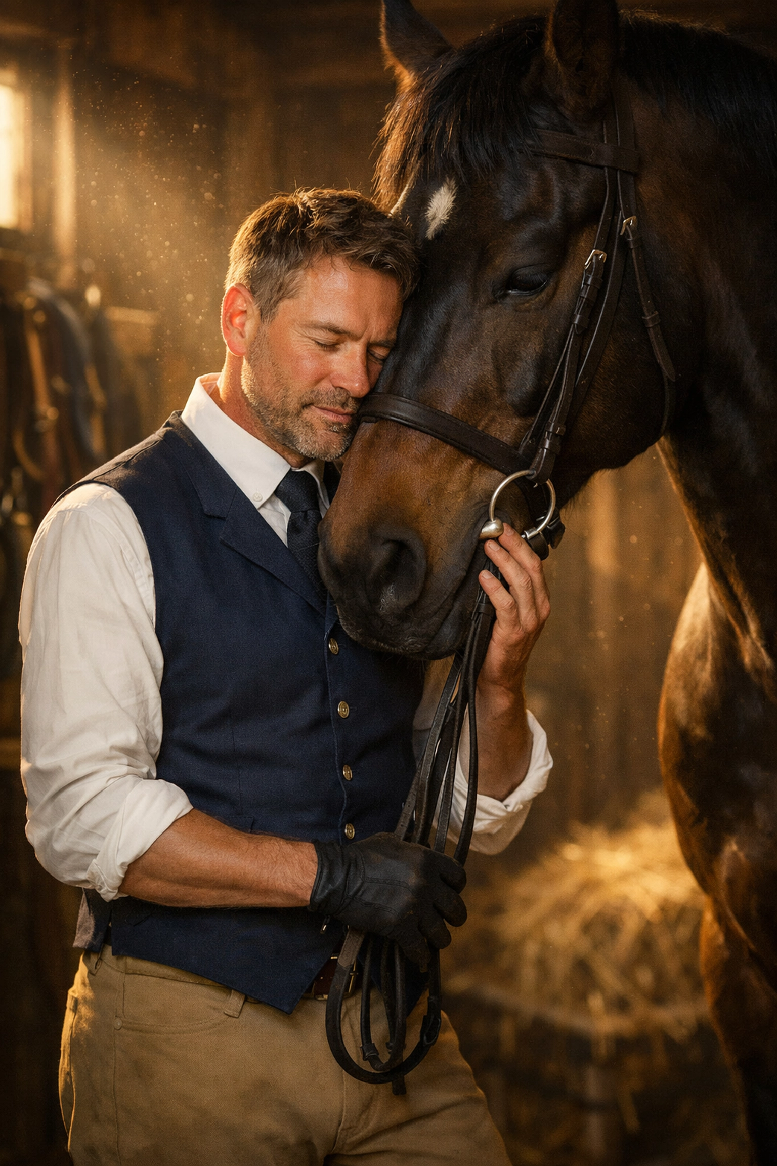 A professional gay horse trainer in English riding gear sharing a quiet moment with a horse in a rustic stable.