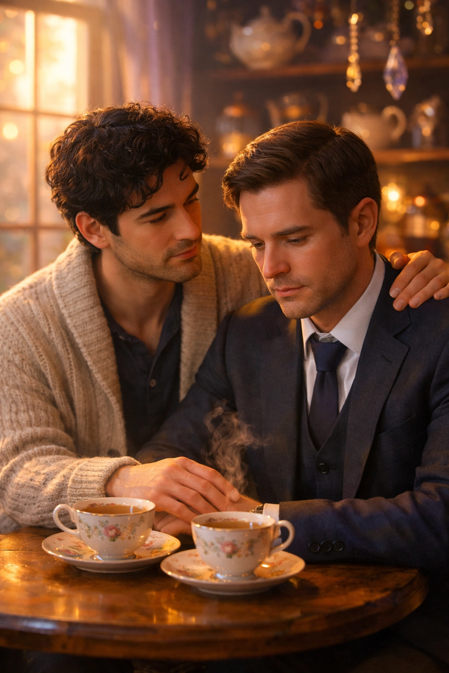 Hugo and Wallace intimate moment in cozy fantasy MM romance Under the Whispering Door