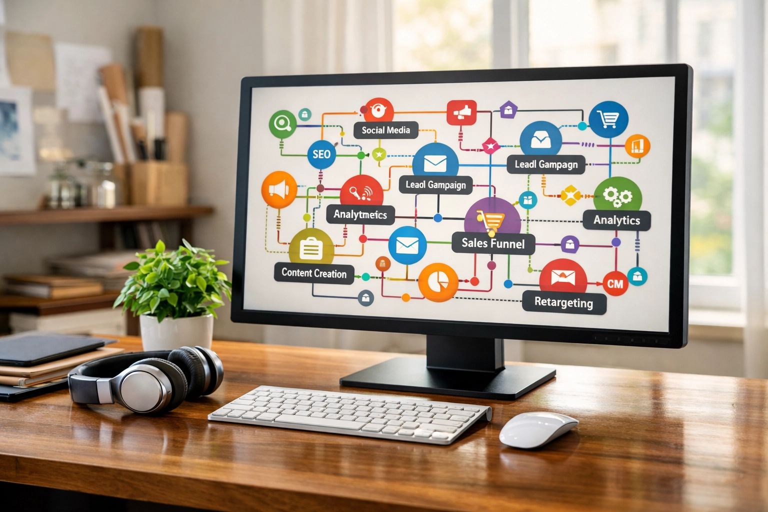 A complex marketing automation workflow map displayed on a monitor in a creative office.