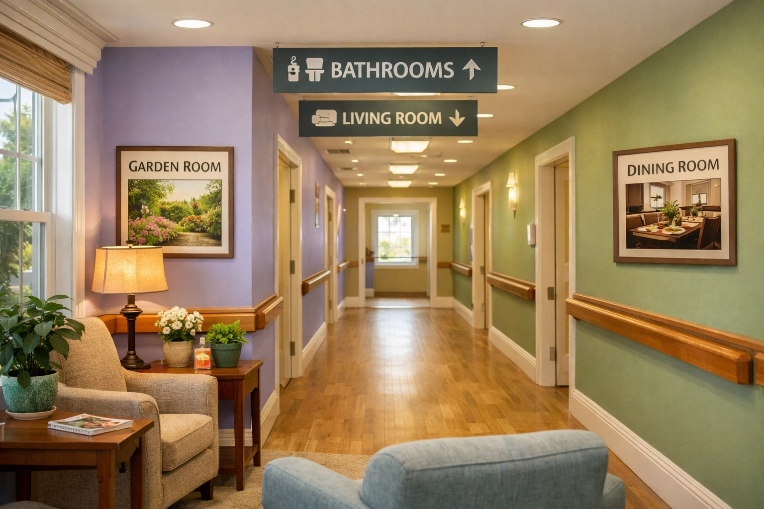 Well-designed memory care facility hallway with color-coded walls and safety features
