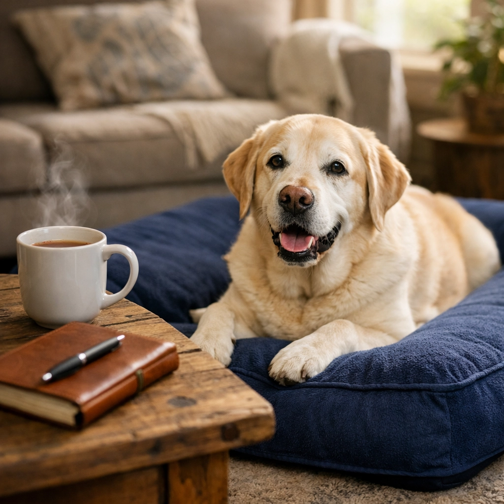 Elderly Labrador resting on an orthopedic bed as part of a comfortable dog hospice sanctuary.