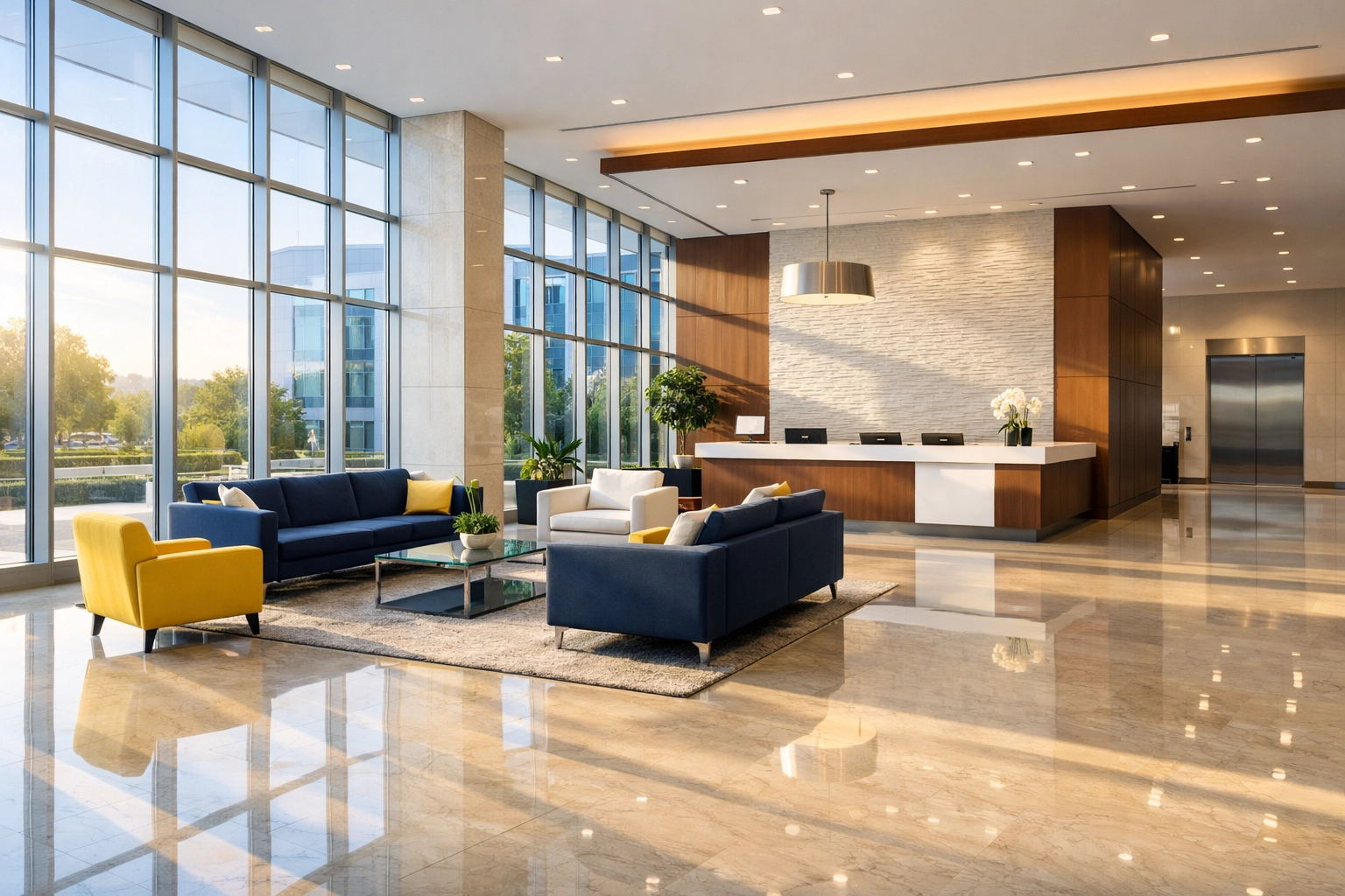 Clean and professional modern corporate lobby in Stoughton, MA with polished marble floors.