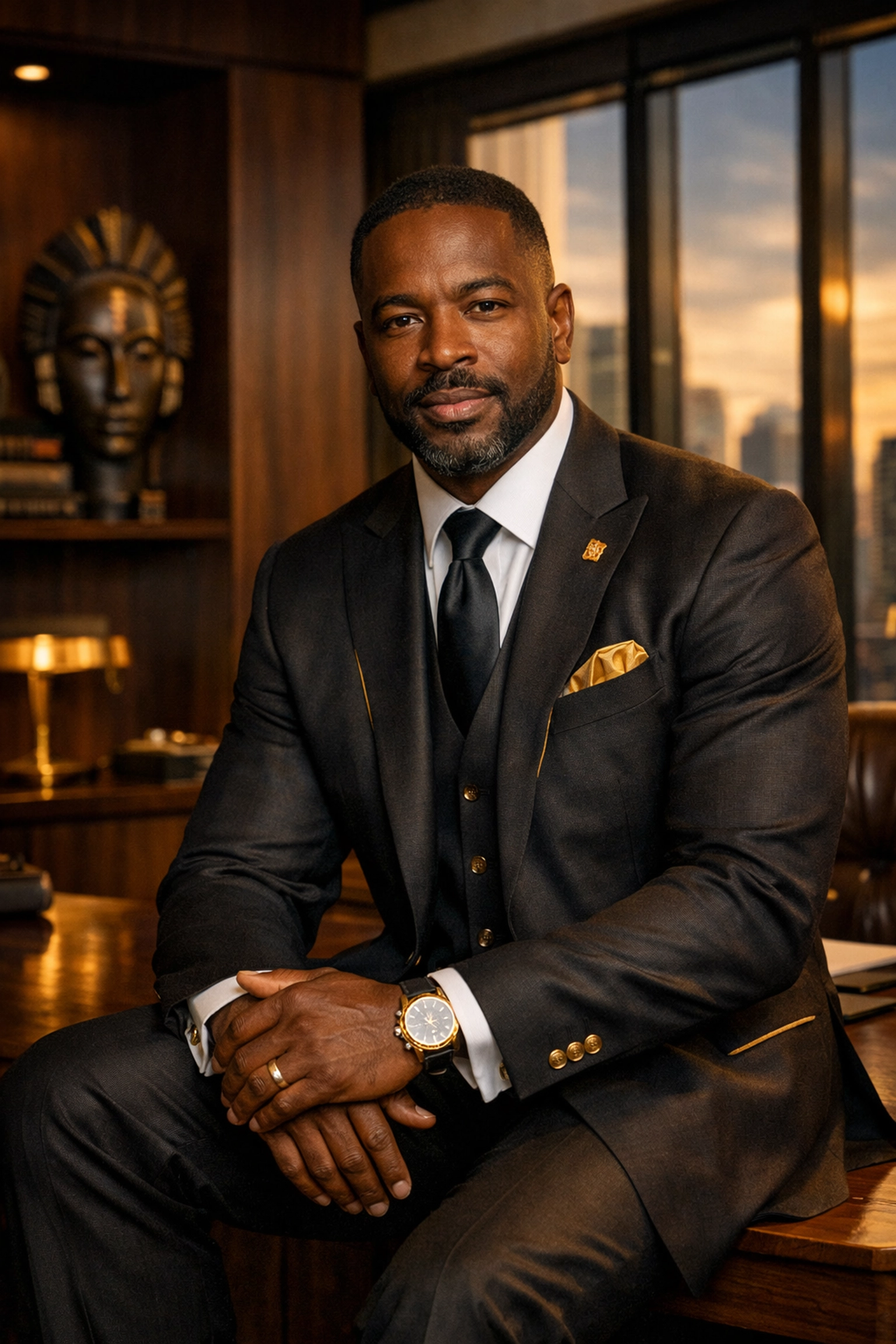 Successful Black male entrepreneur in a modern office symbolizing economic legacy and community wealth.