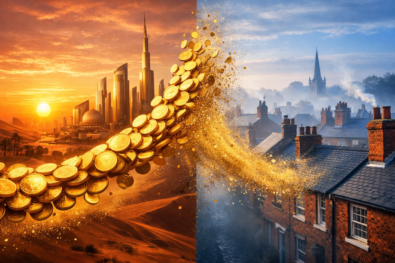 Expat currency exchange loss shown by gold coins disappearing between a desert city and a UK home.