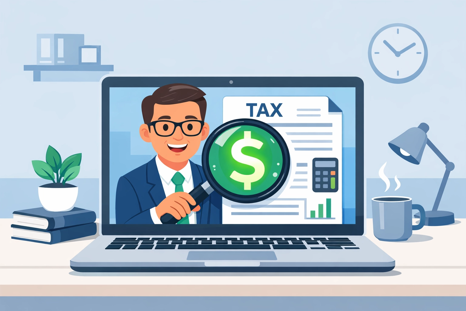 Virtual tax consultant using a magnifying glass on a laptop screen to identify tax refund opportunities.