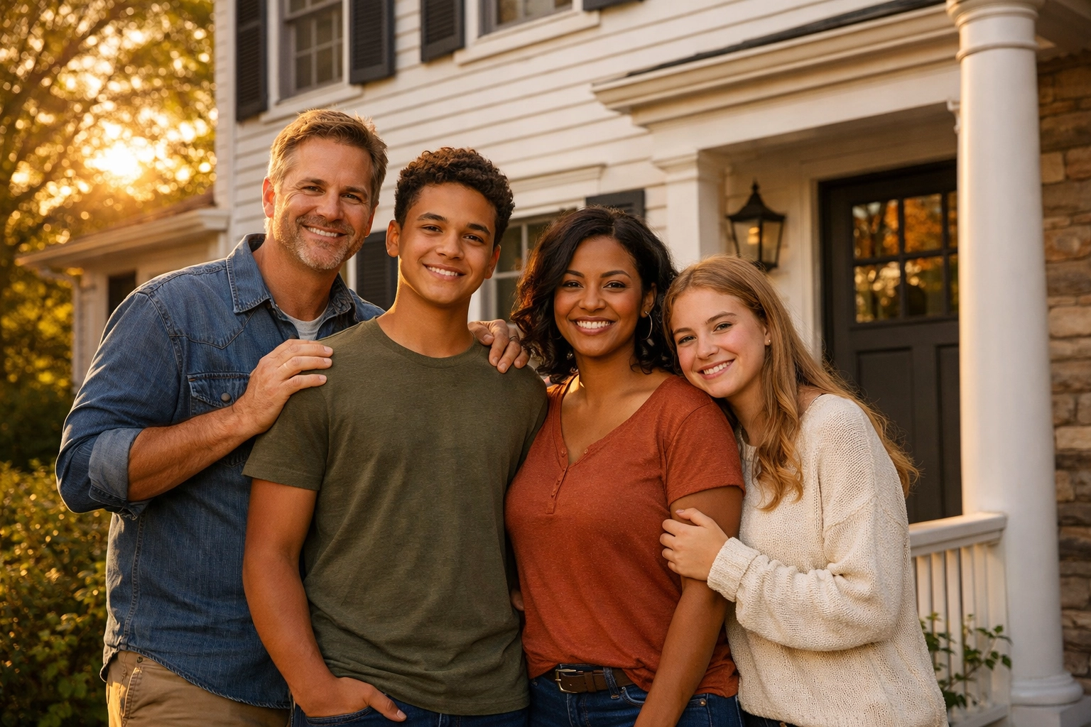 Family standing on front porch of New England home protected by home insurance