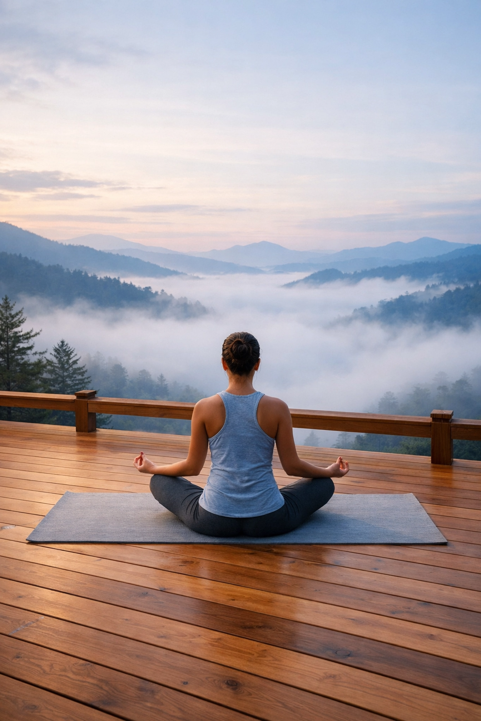 Morning yoga on a wooden deck overlooking the misty Appalachian Mountains at Snowshoe Resort. Morning yoga on a wooden deck overlooking the misty Appalachian Mountains at Snowshoe Resort.