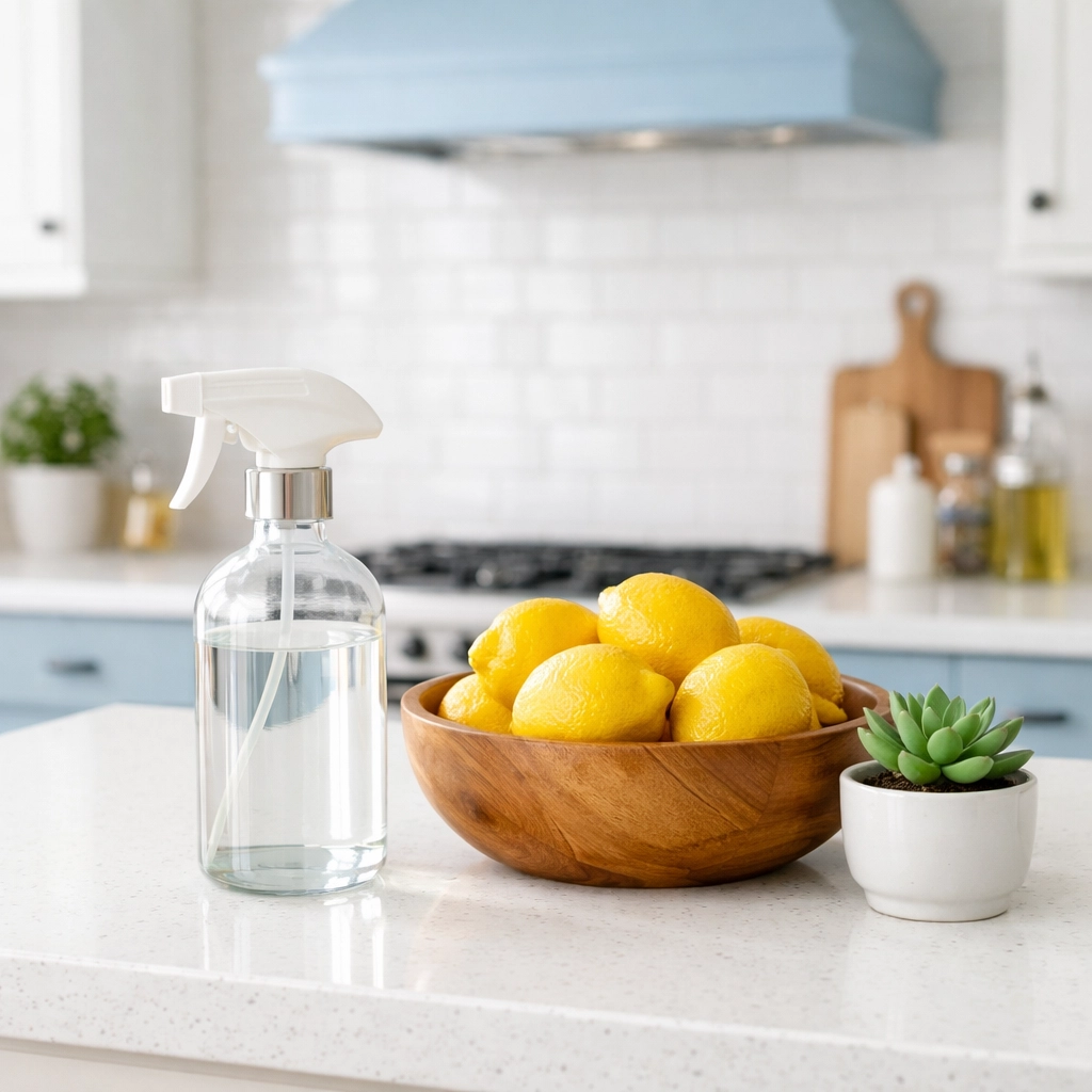 Eco-friendly house cleaning in Leominster MA featuring natural products and a clean modern kitchen.