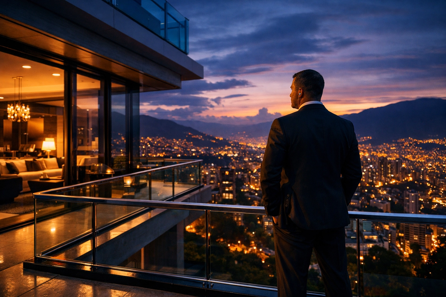 VIP protection specialist securing a luxury residential penthouse in Medellin for an executive traveler.