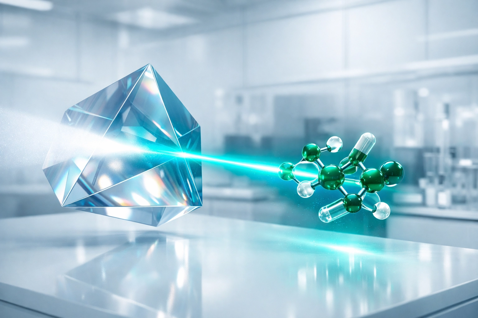 Refined light beam hitting a supplement molecule representing targeted high-intent PPC keyword filtering.