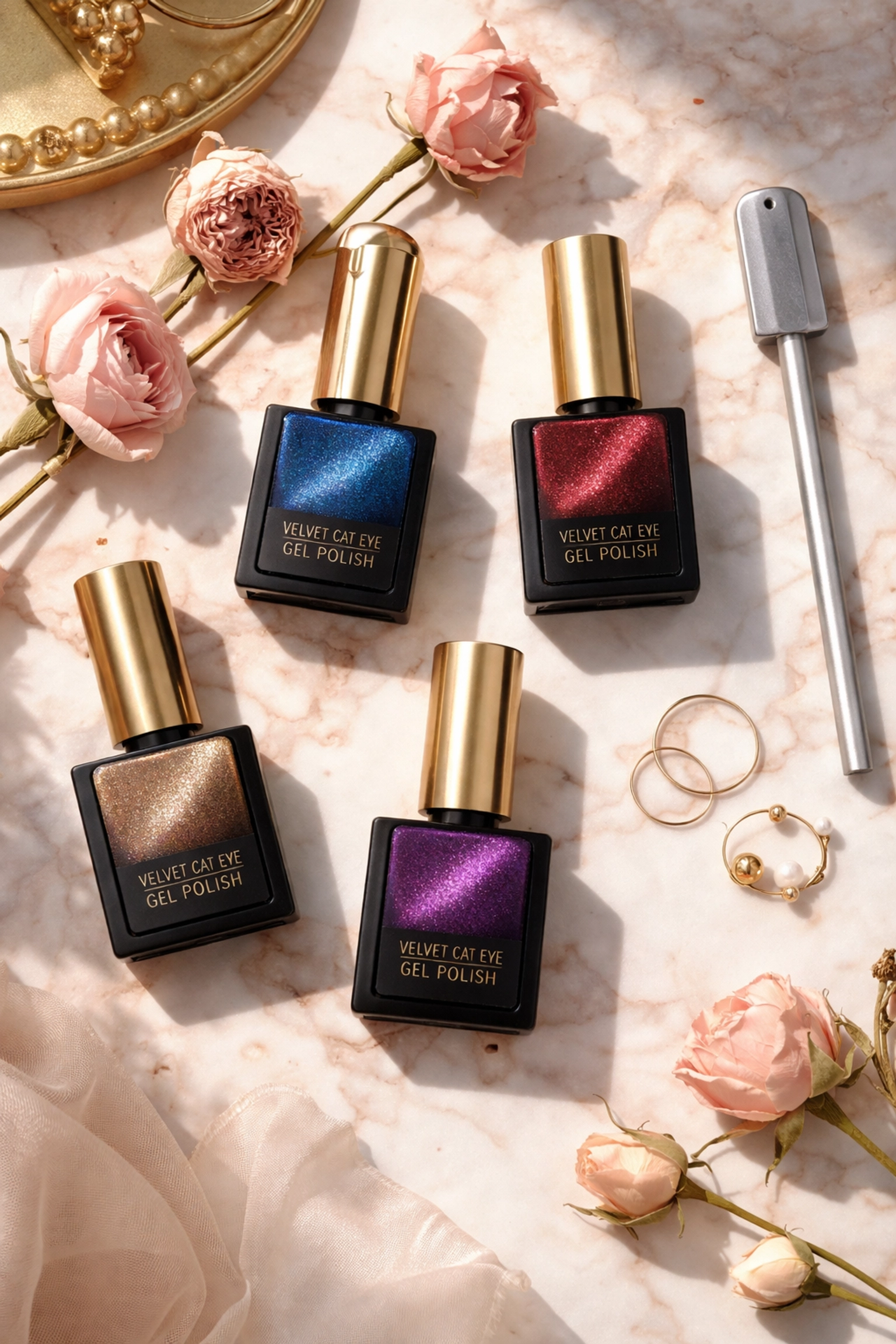 Jewel-toned velvet cat-eye nail polishes and magnetic wand tools arranged on marble